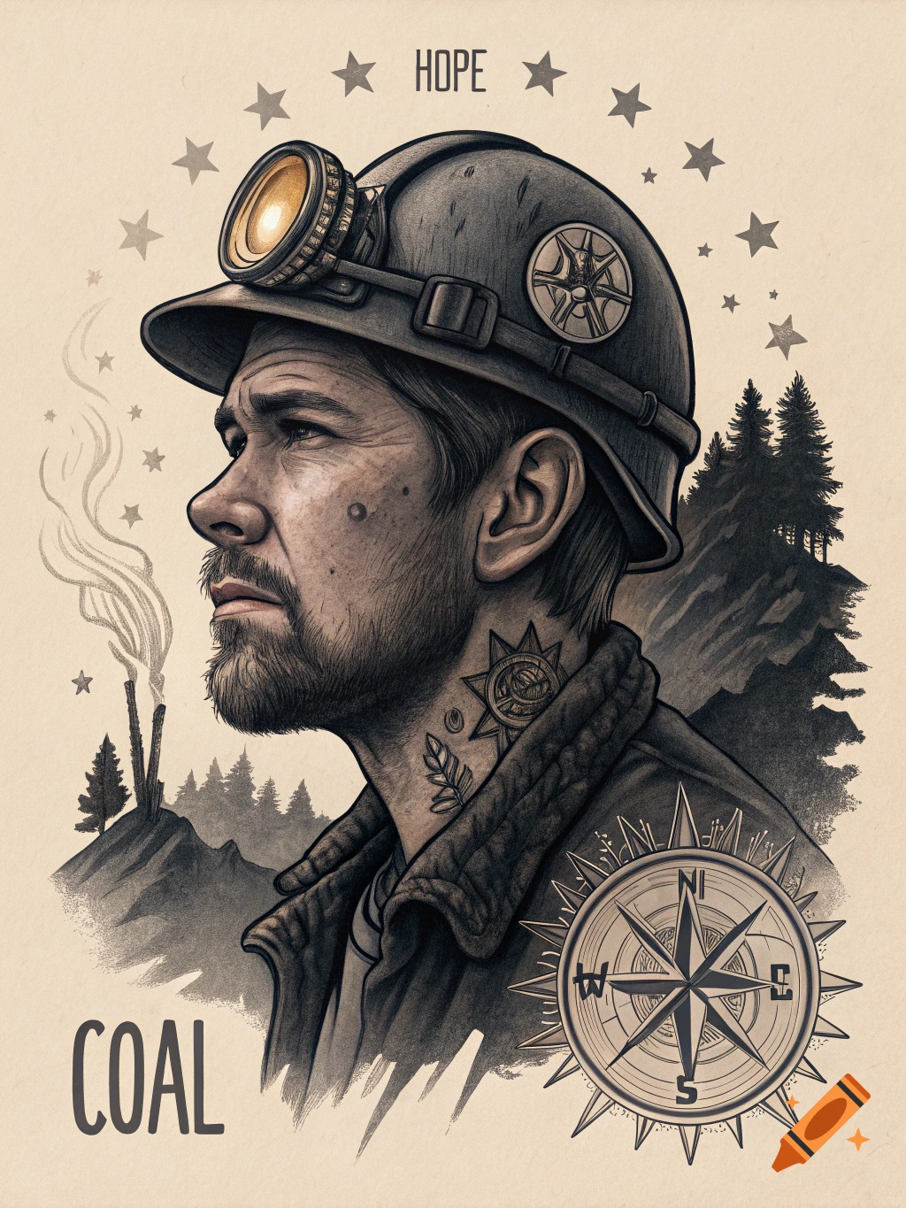 Stylized illustration of a miner with helmet, headlamp, compass, and text 'HOPE' and 'COAL'.