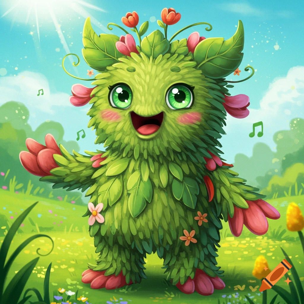 Cartoon green leafy creature singing in a sunny field with flowers.