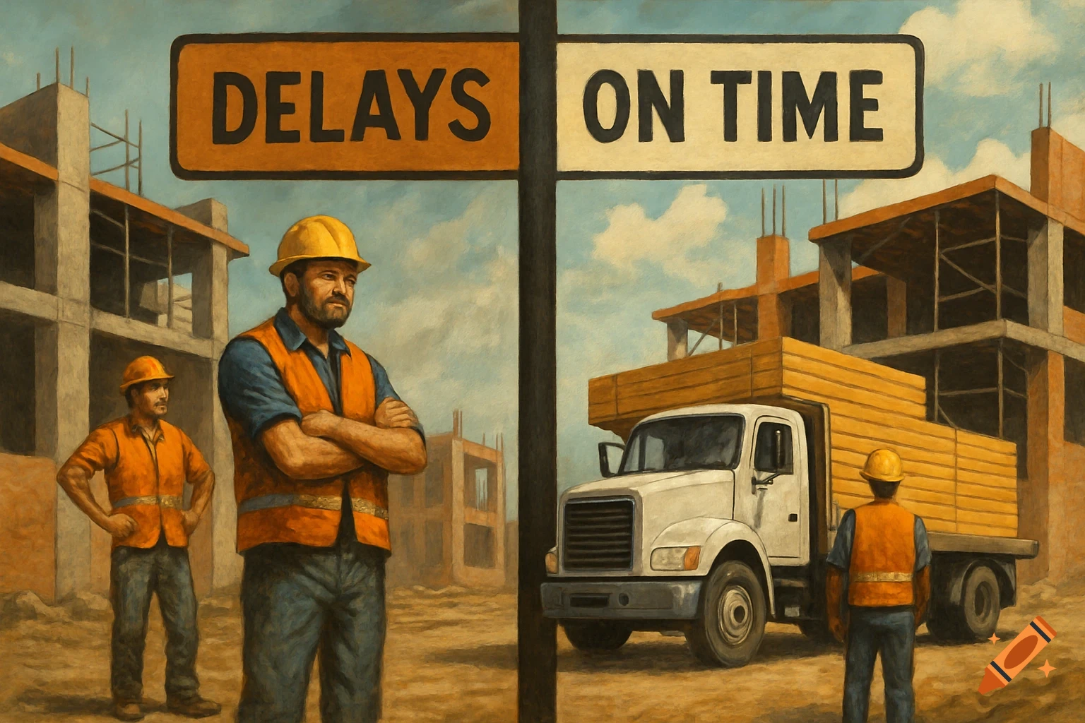 Construction workers and truck under a sign reading 'DELAYS ON TIME', painterly style