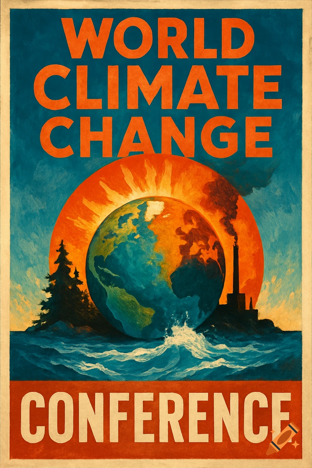 A poster shows the Earth, sun, trees, factory, and waves with the text "WORLD CLIMATE CHANGE CONFERENCE".