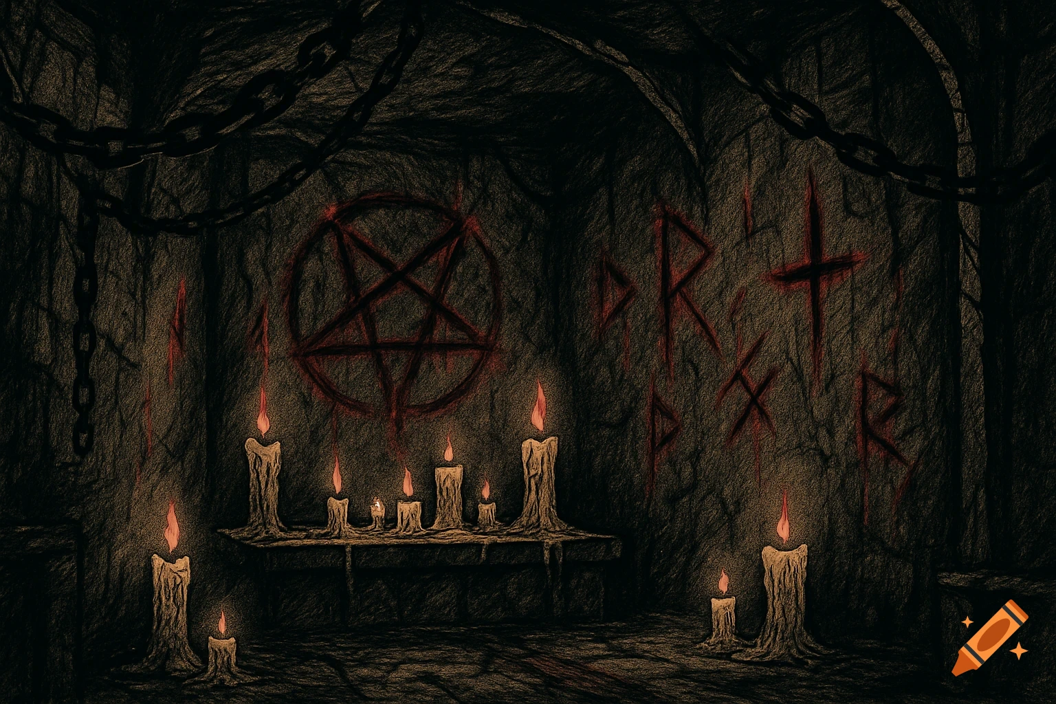 Dark interior of a demonic shrine with a pentagram, candles, and runes on the walls, in a drawing style.