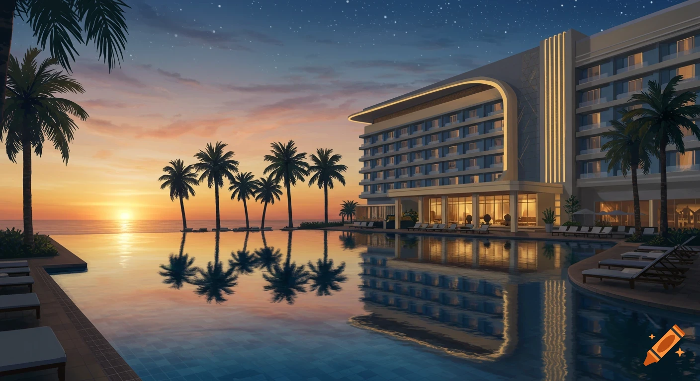 Modern hotel and infinity pool at sunset with palm trees and starry sky reflected in the water
