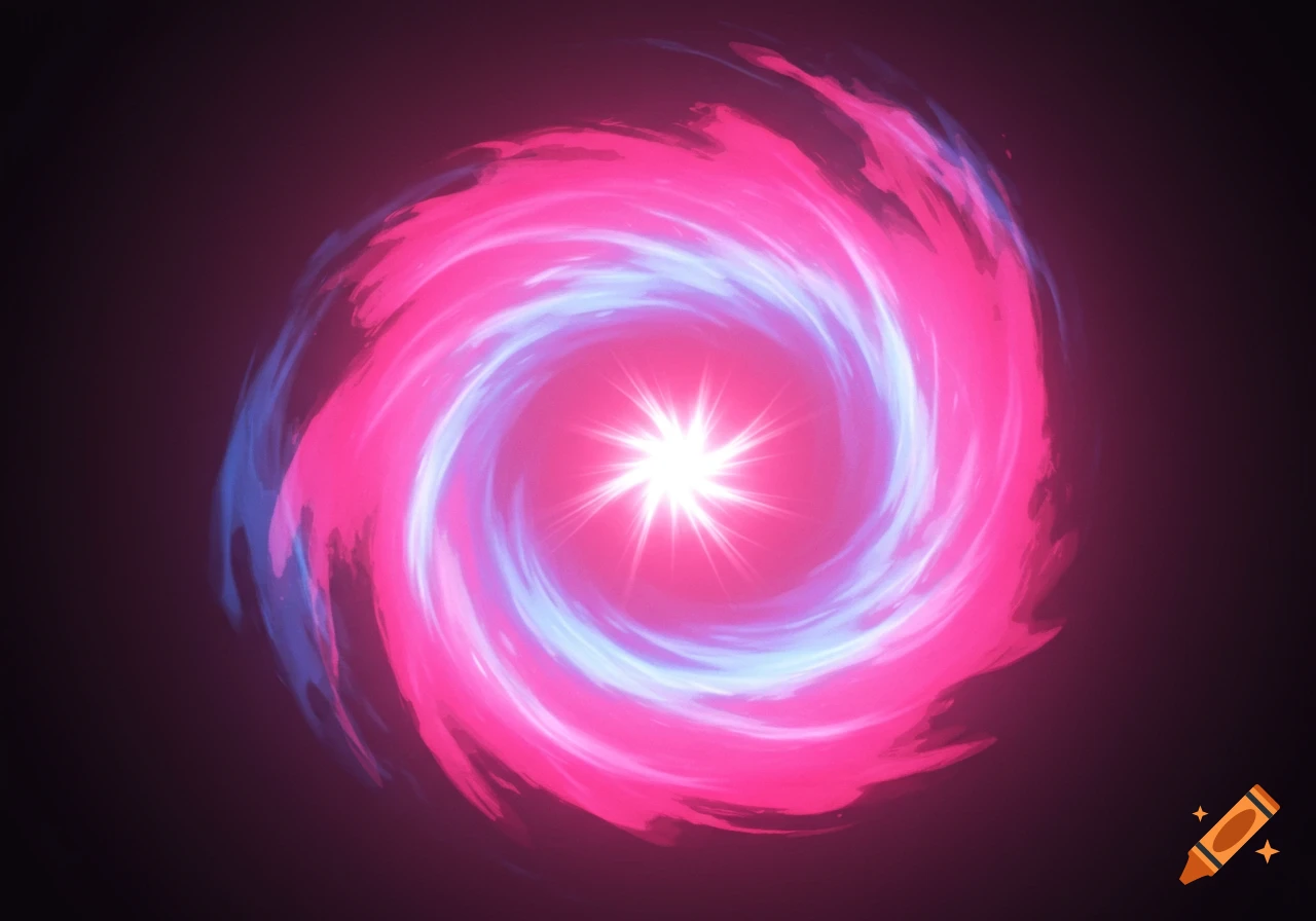 A swirling vortex of pink and blue light with a bright starburst center against a dark background.