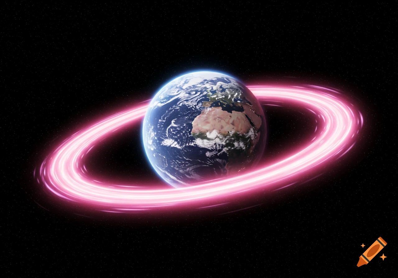 The Earth surrounded by a swirling pink light ring in space.