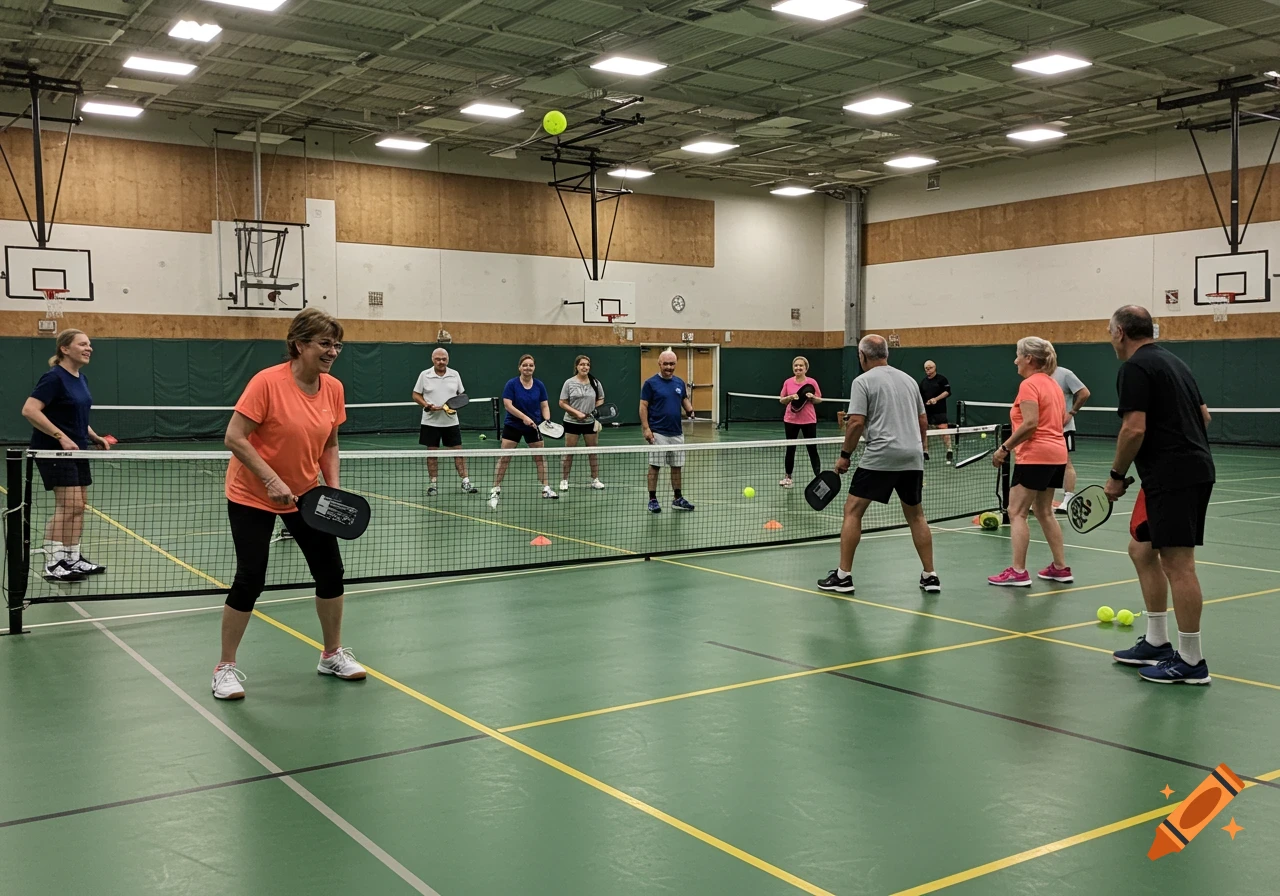 People playing pickleball in a gymnasium