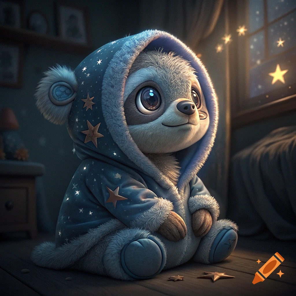 A cute stuffed animal sloth sits in a cozy bedroom, wearing a blue starry hooded coat.