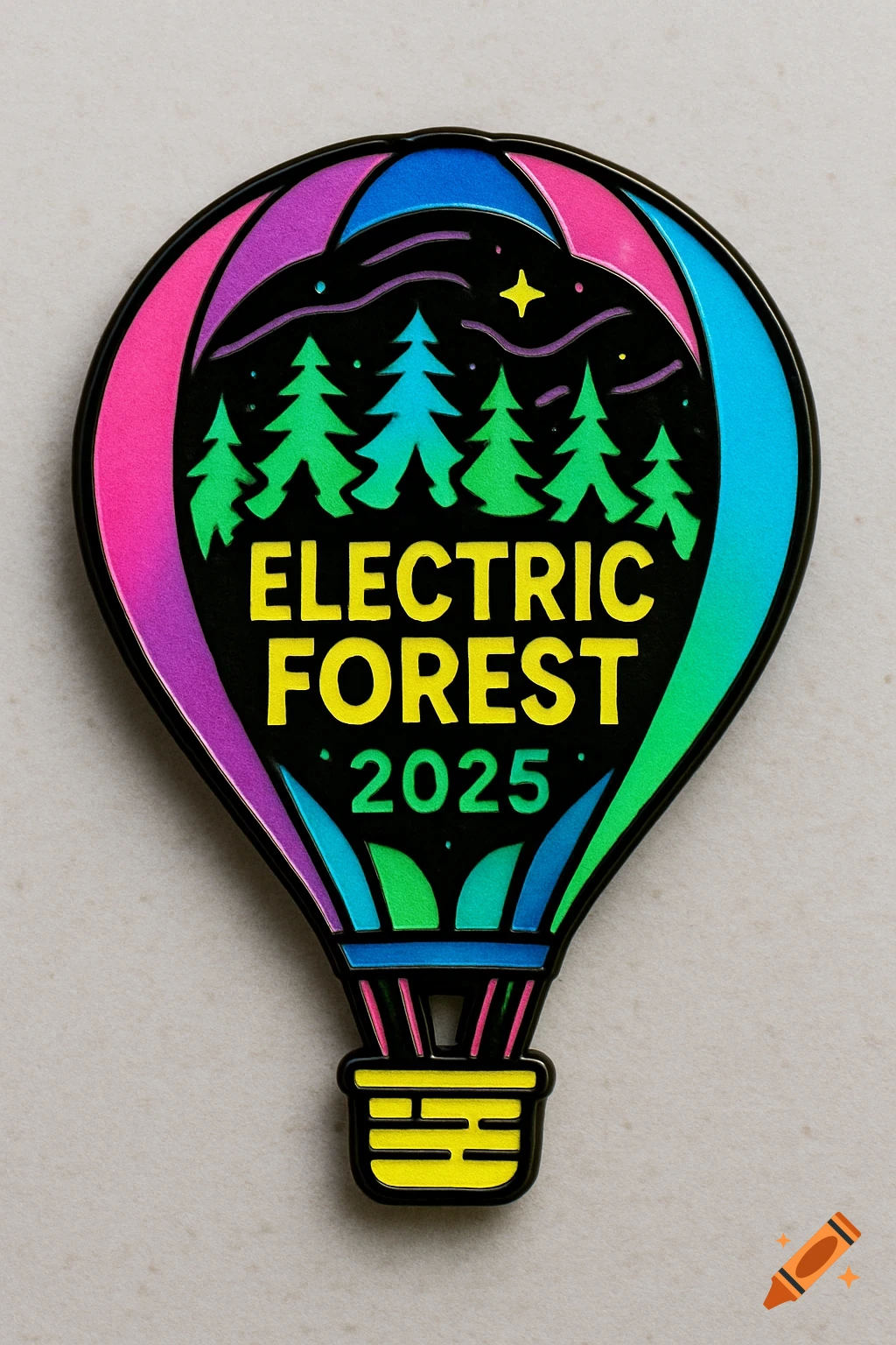 Colorful enamel pin in the shape of a hot air balloon with a forest design and "ELECTRIC FOREST 2025" text.