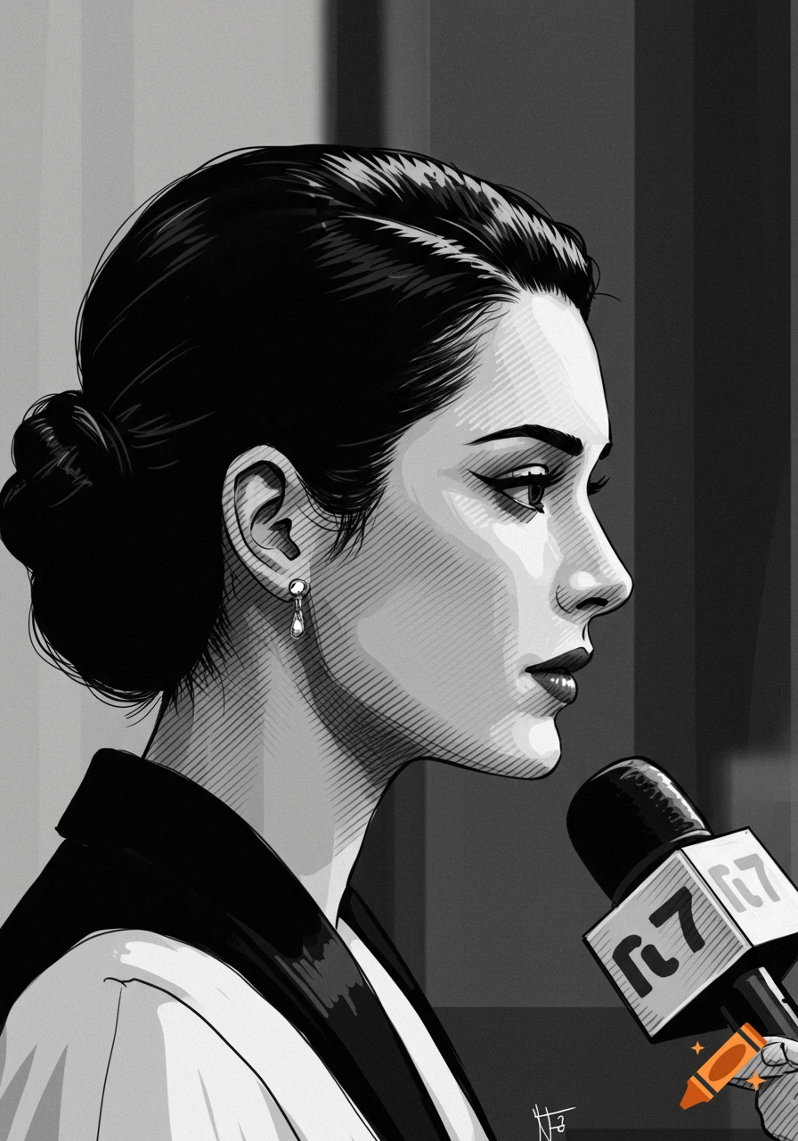 A black and white line drawing of a woman in profile being interviewed.