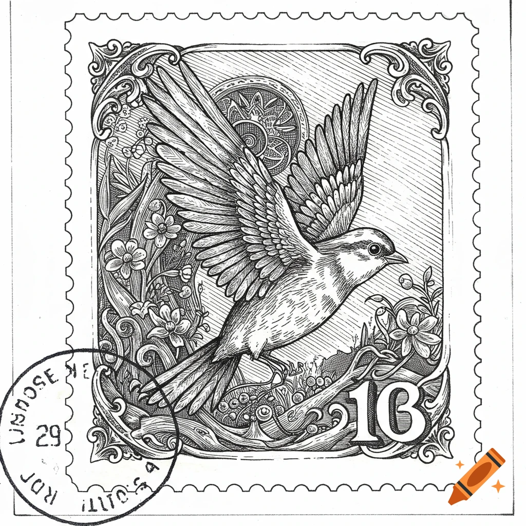 Line art postage stamp featuring a bird in flight