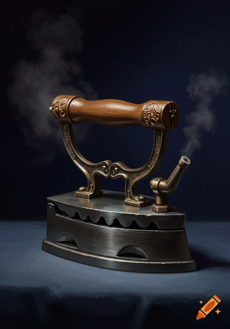 Antique theatre iron steaming, rendered in a realistic digital painting style