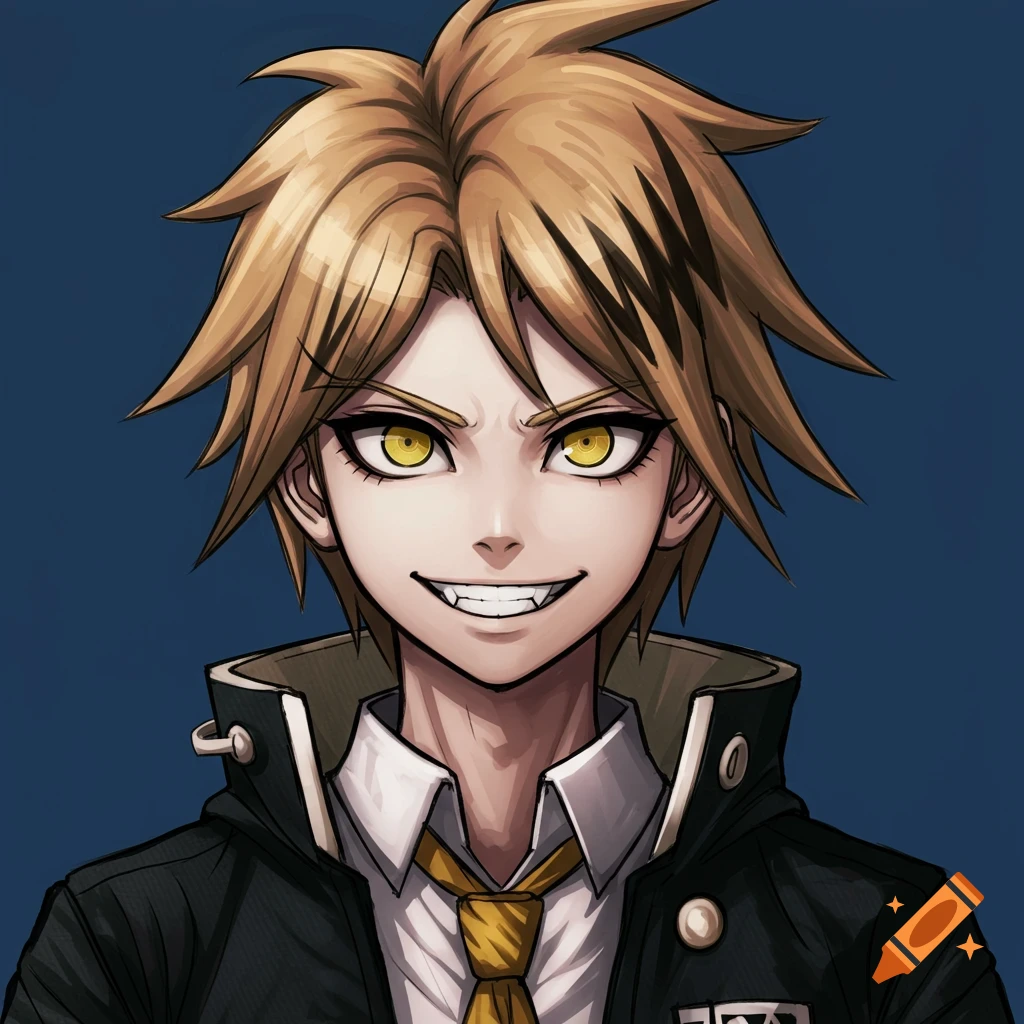 Anime portrait in Danganronpa style of a character with spiky brown hair, yellow eyes, and a toothy grin.