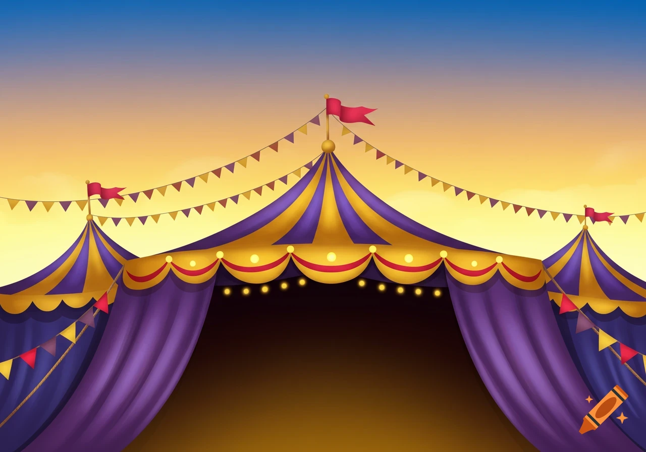 Illustration of a purple and yellow circus tent at sunset with lights and banners.