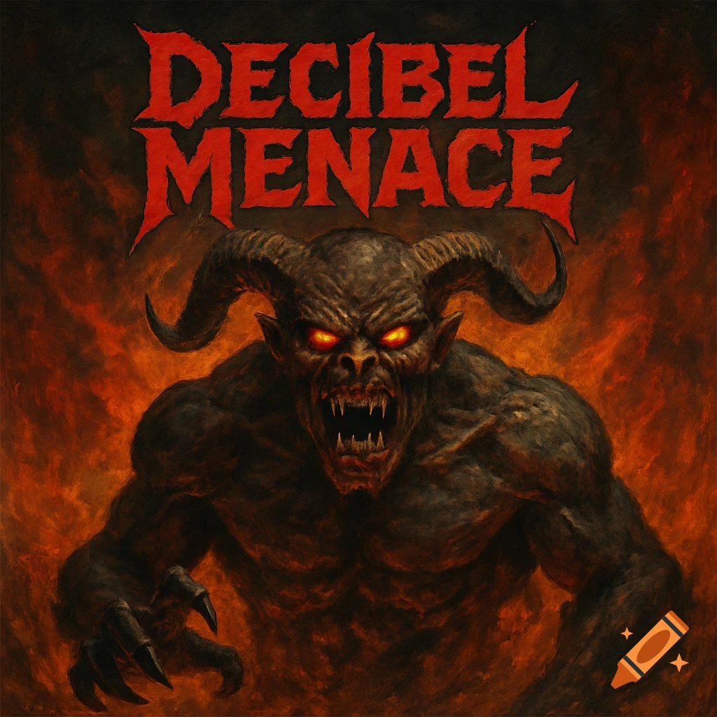 A monstrous figure with horns and glowing red eyes against a fiery background, with the text 'DECIBEL MENACE' above.