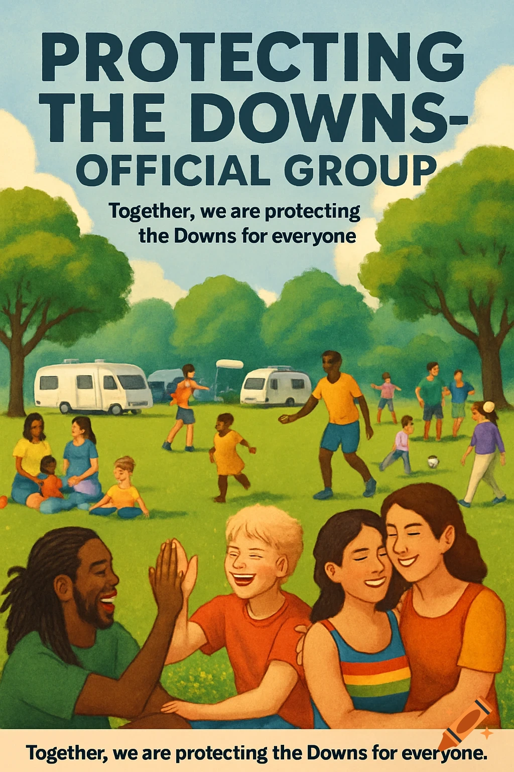 Flyer with diverse people enjoying a park with campervans. Text: Protecting the Downs-Official Group.
