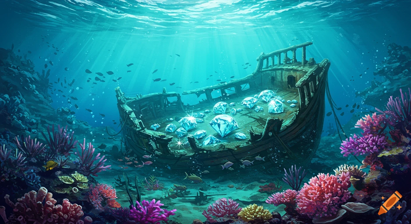 An underwater scene showing a shipwreck filled with glowing diamonds, surrounded by colorful coral and fish.