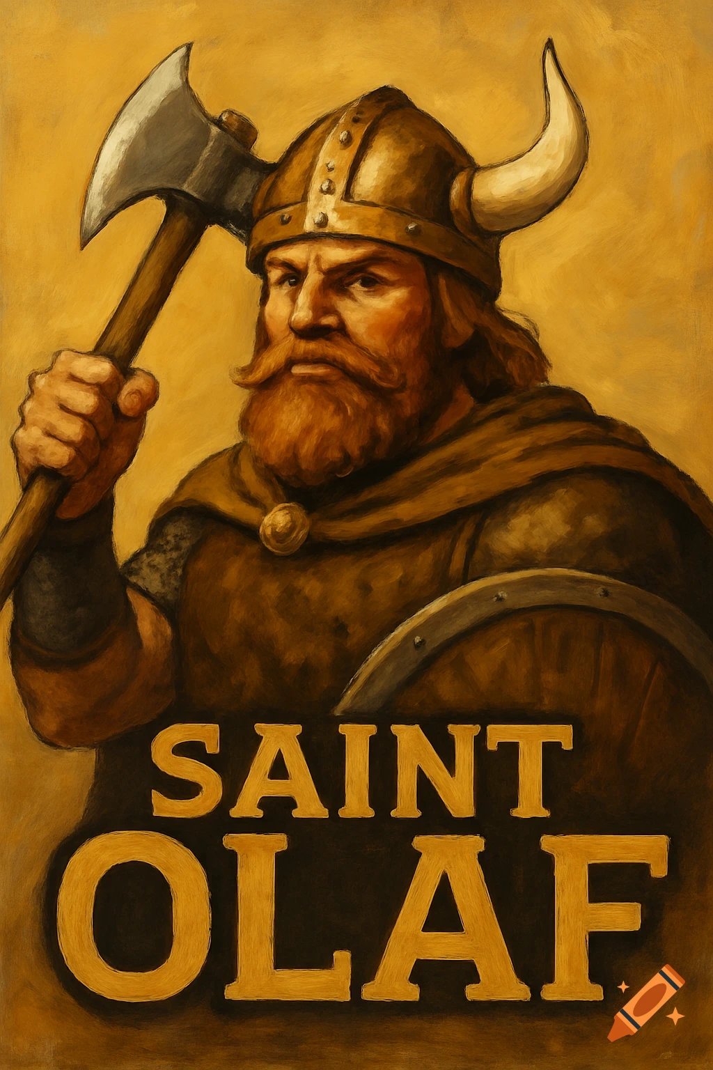 Painting of a viking-like figure with an axe and shield, with the text 'SAINT OLAF'.