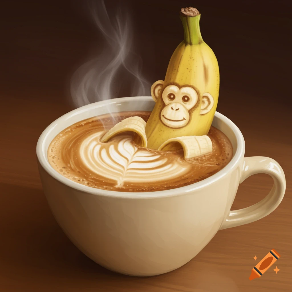 Illustration of a banana with a monkey face in a cappuccino cup with latte art.