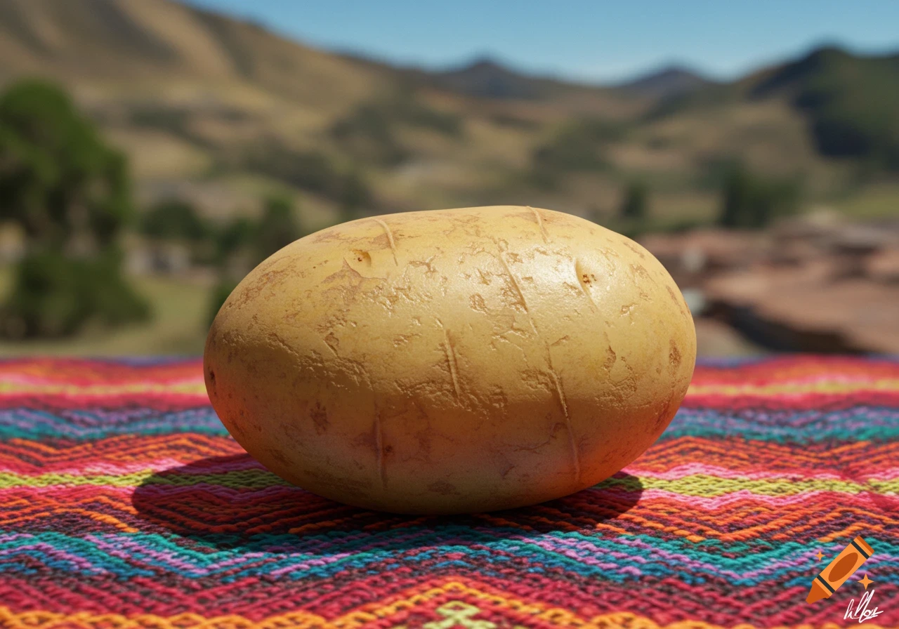 A potato rests on a colorful patterned textile with a blurred mountain landscape in the background, photorealistic.