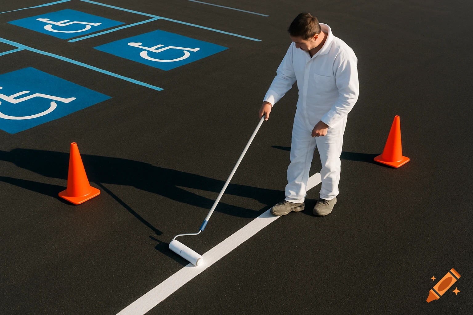 Worker paints white lines on a black asphalt parking lot with a roller, near blue handicap spaces and orange cones.