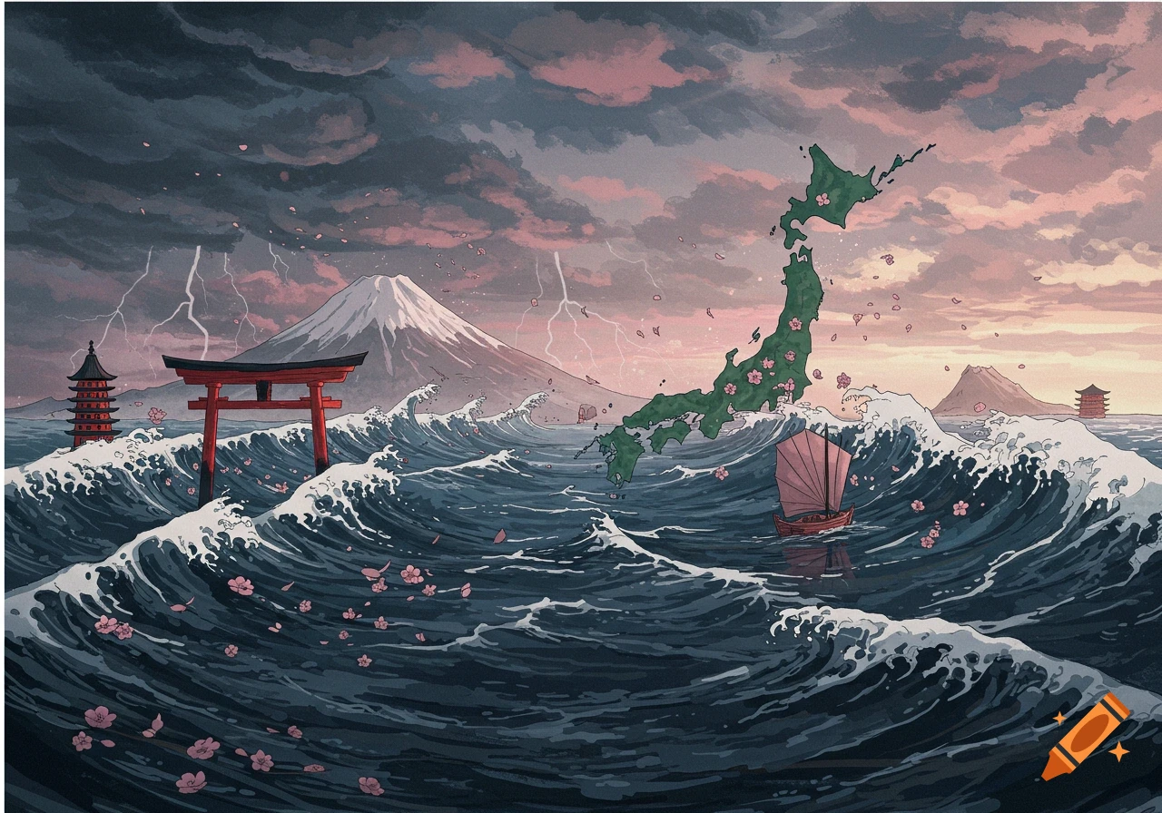 Dramatic illustration of Mount Fuji, Torii gate, pagoda, and the map of Japan islands amidst large waves with cherry blossoms and lightning.