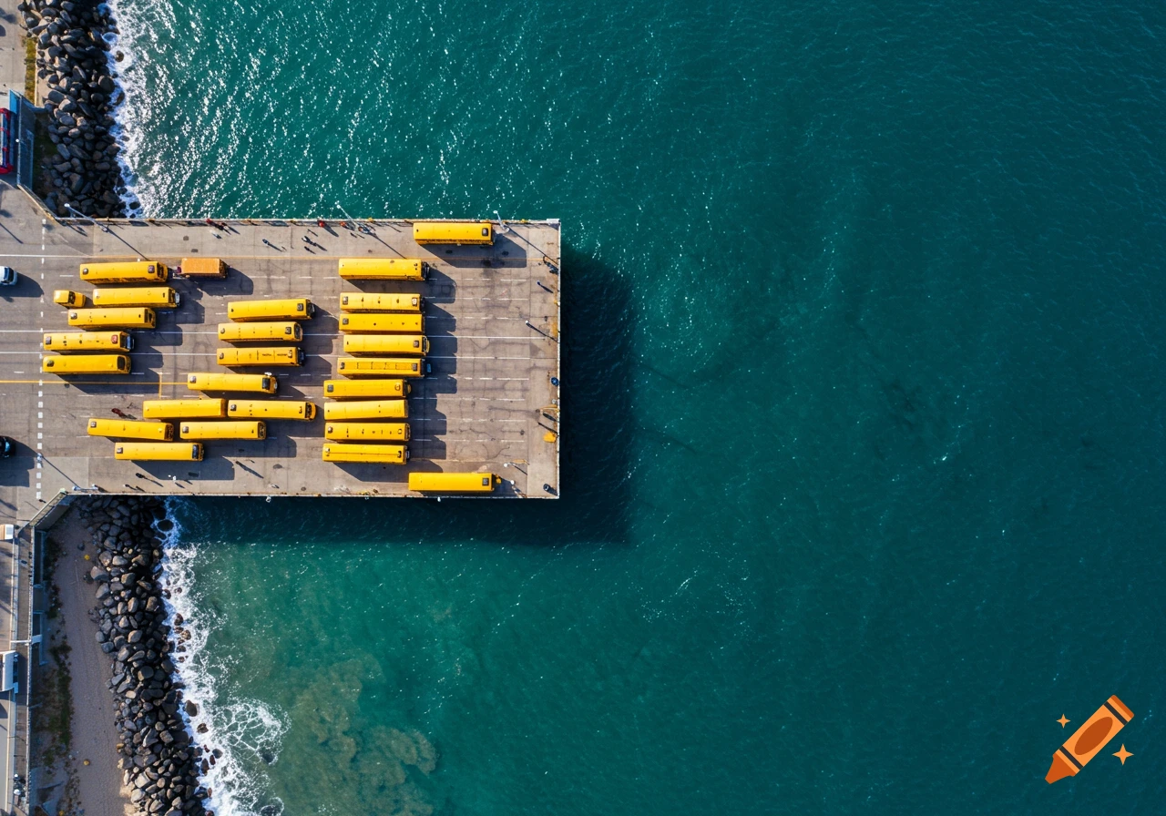 Aerial view of many yellow school buses parked on a concrete pier next to a blue ocean.