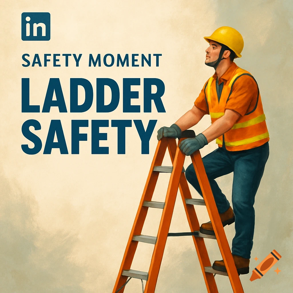 Illustration of a man in safety gear climbing a ladder, with text 'SAFETY MOMENT LADDER SAFETY' and LinkedIn logo.
