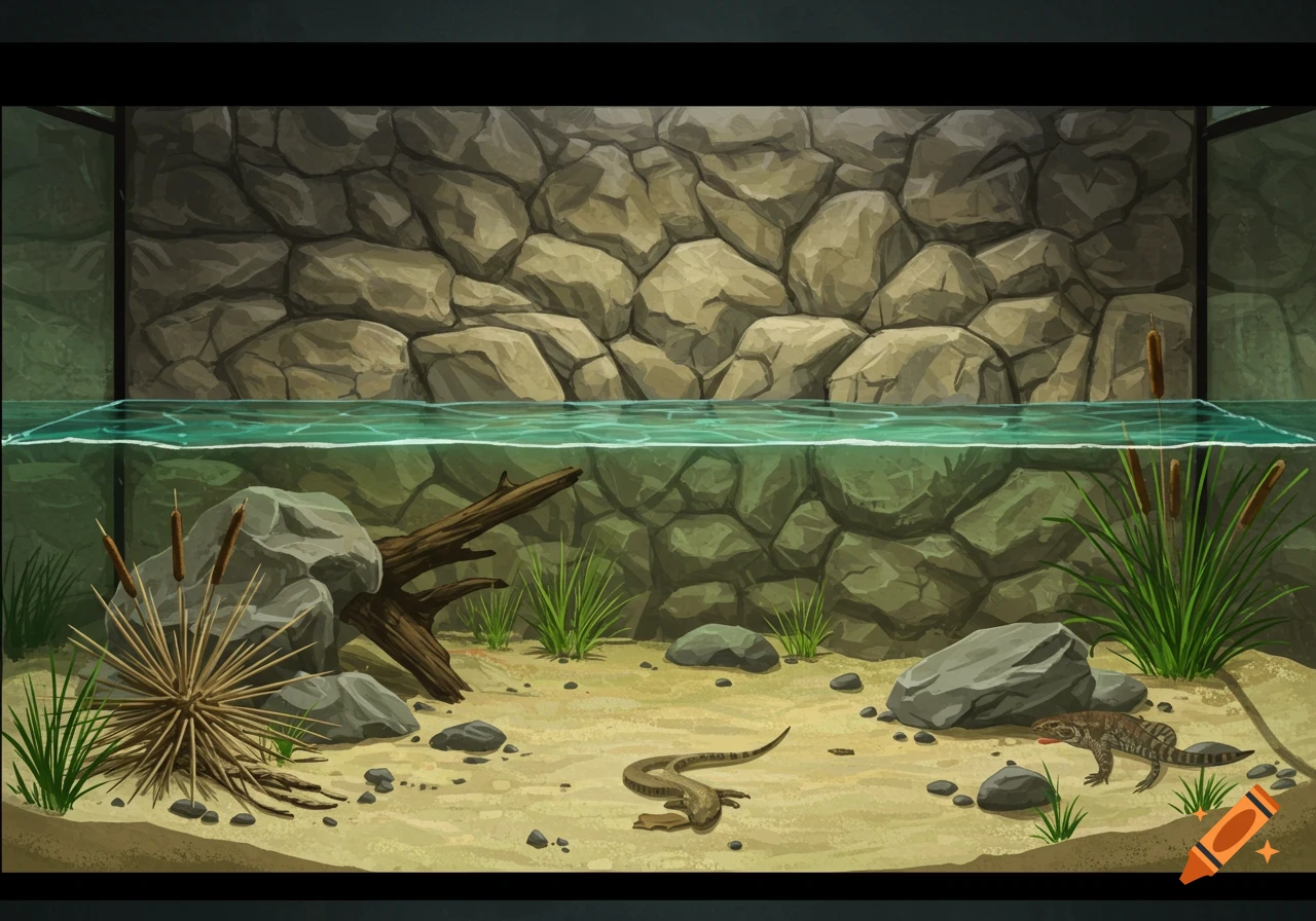 Illustration of a terrarium with water, sand, rocks, plants, and two lizard-like creatures inside.
