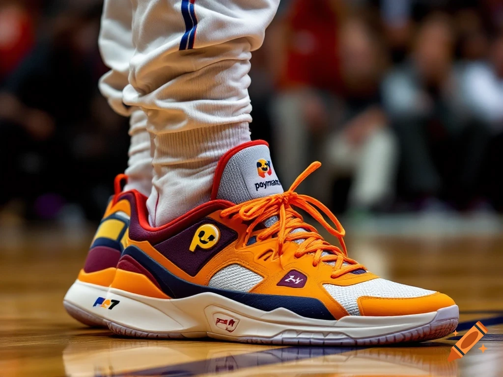Close-up of brightly colored basketball sneakers with logos and white socks on a wooden court.