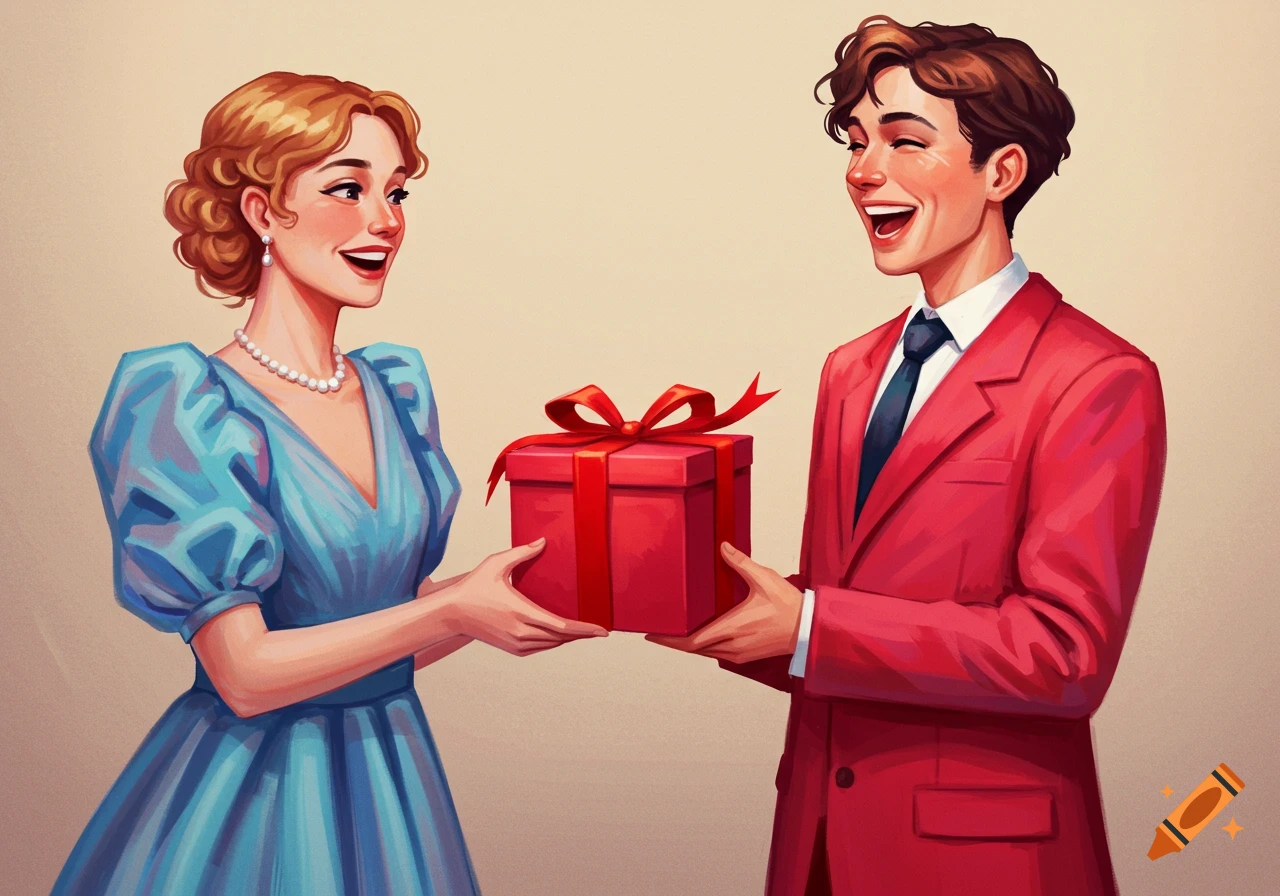 A woman in a blue dress gives a red gift box to a man in a red suit. Illustration.