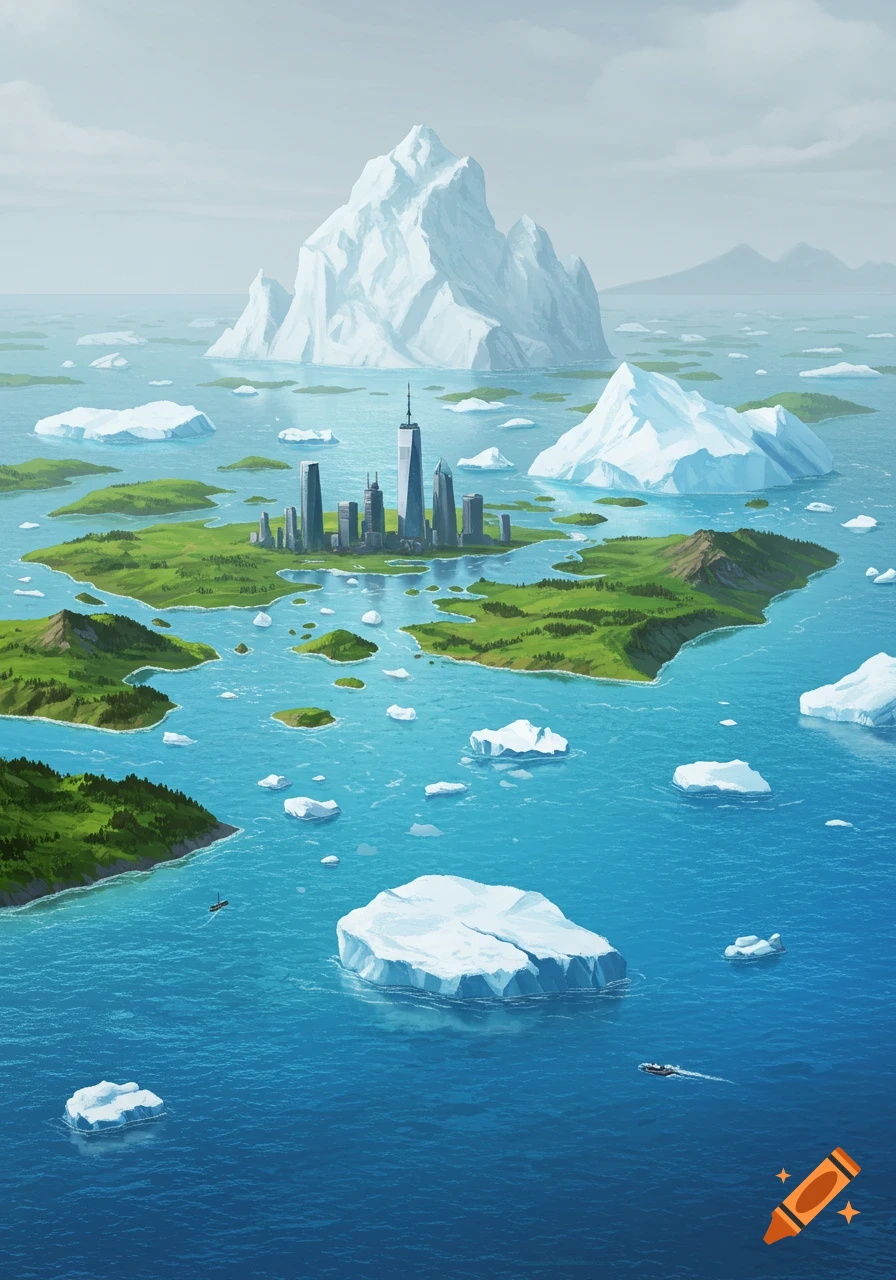 An illustration shows a futuristic city skyline on a small island surrounded by large icebergs and smaller islands in a vast ocean.