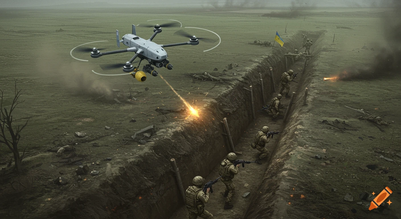Drone dropping a bomb on soldiers in a trench during wartime, bird's eye view illustration