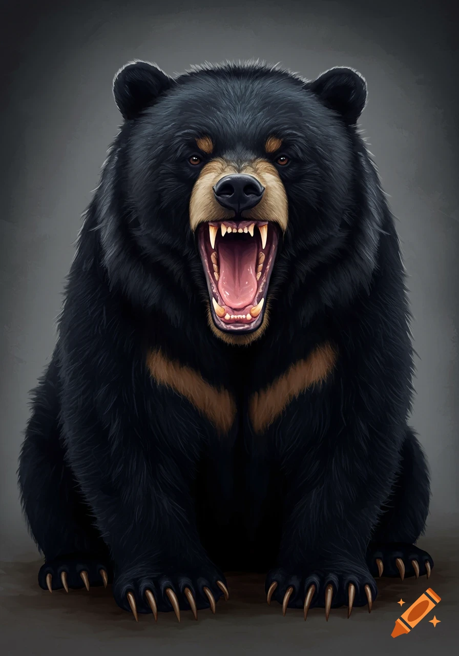 A black bear roaring with sharp teeth and claws.