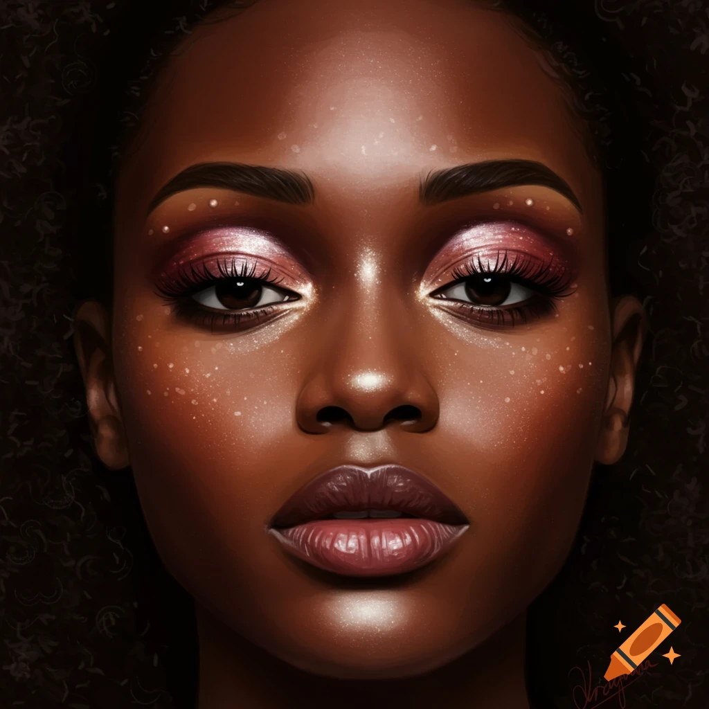 Close-up digital painting of a woman's face with dark skin, glowing highlights, sparkly pink eyeshadow, and curly hair.