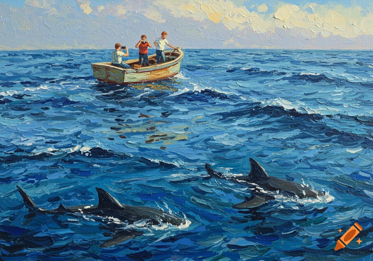 Impasto painting of people in a small boat watching sharks swim in the ocean