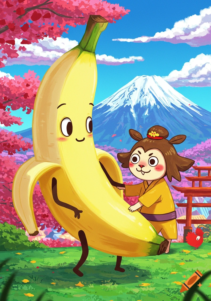 A cartoon banana character and a monkey character stand in a Japanese landscape with Mt. Fuji and cherry blossoms.