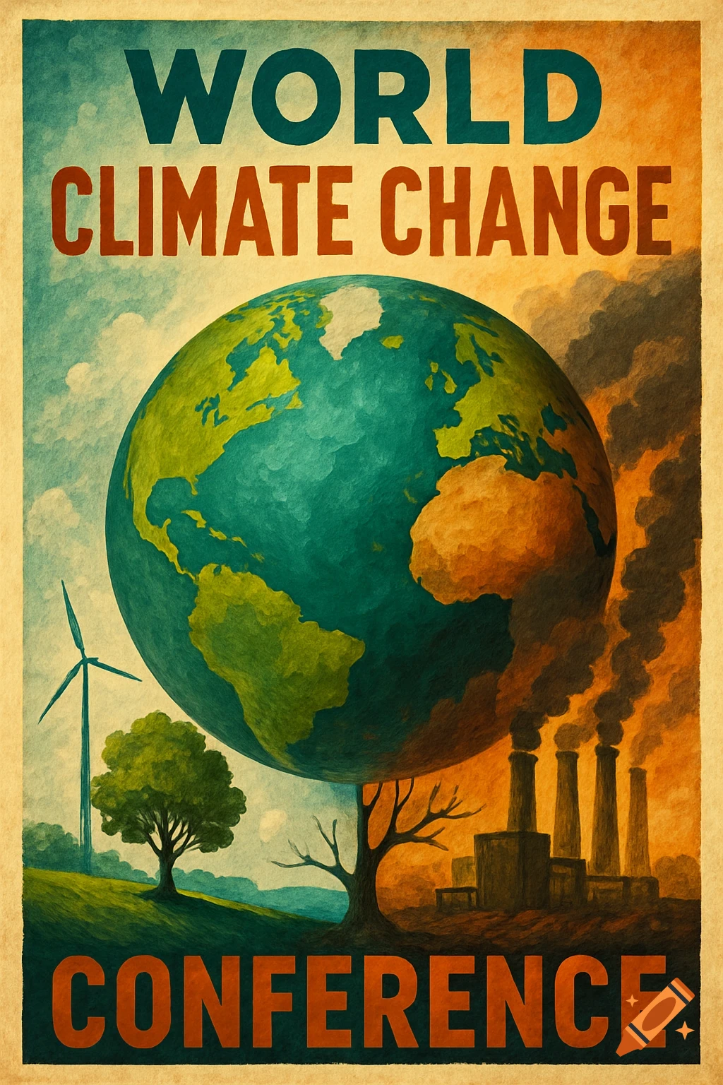 Vintage style poster about climate change showing Earth, pollution from factories, a windmill, and trees with text saying 'WORLD CLIMATE CHANGE CONFERENCE'.