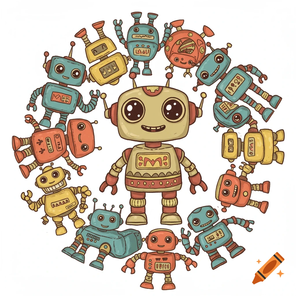 Clipart illustration of cute cartoon robots arranged in a circle.