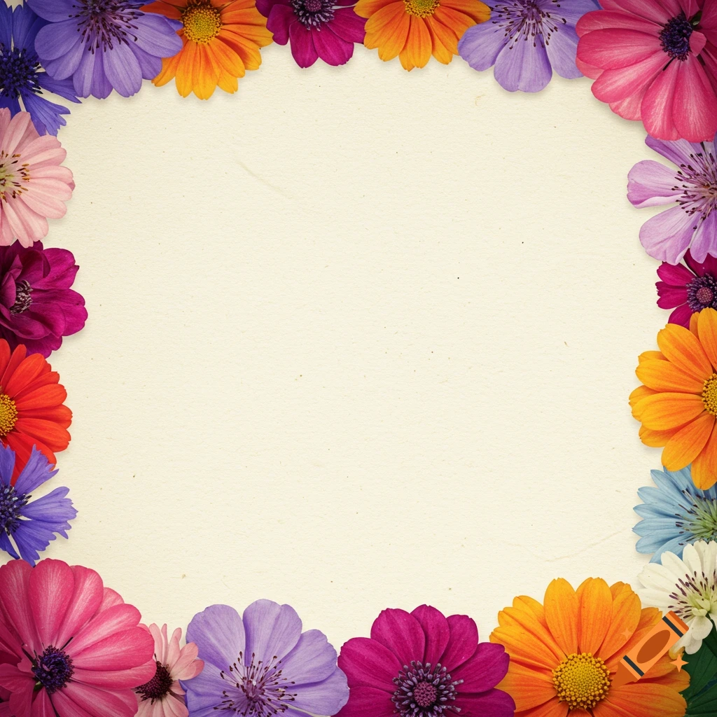 Colorful flowers form a border around a blank paper texture background.