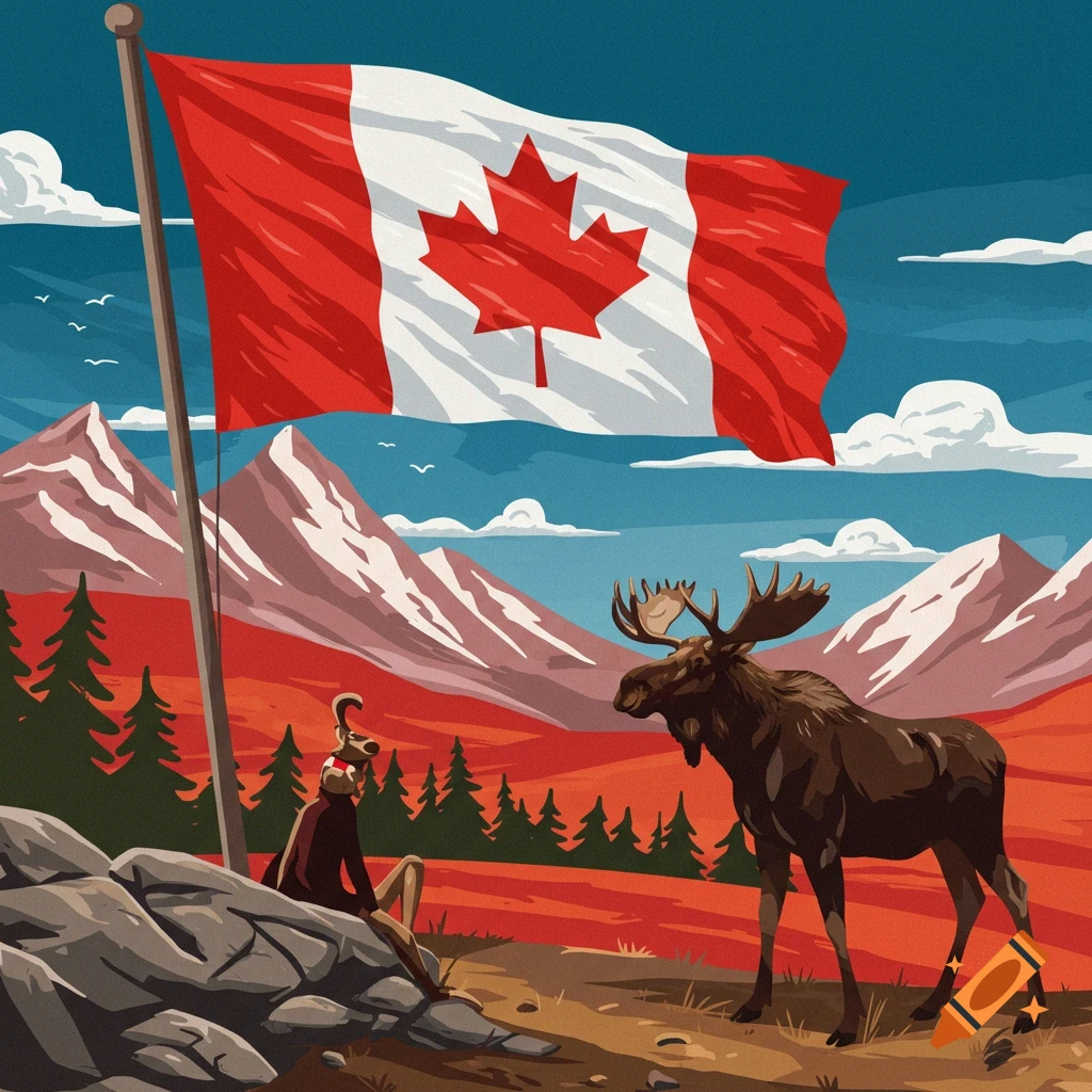 Stylized illustration of a moose and a kangaroo-like figure in a mountain landscape with a large Canadian flag.