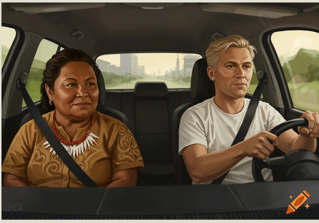 Illustration of a man driving a car with a woman passenger.