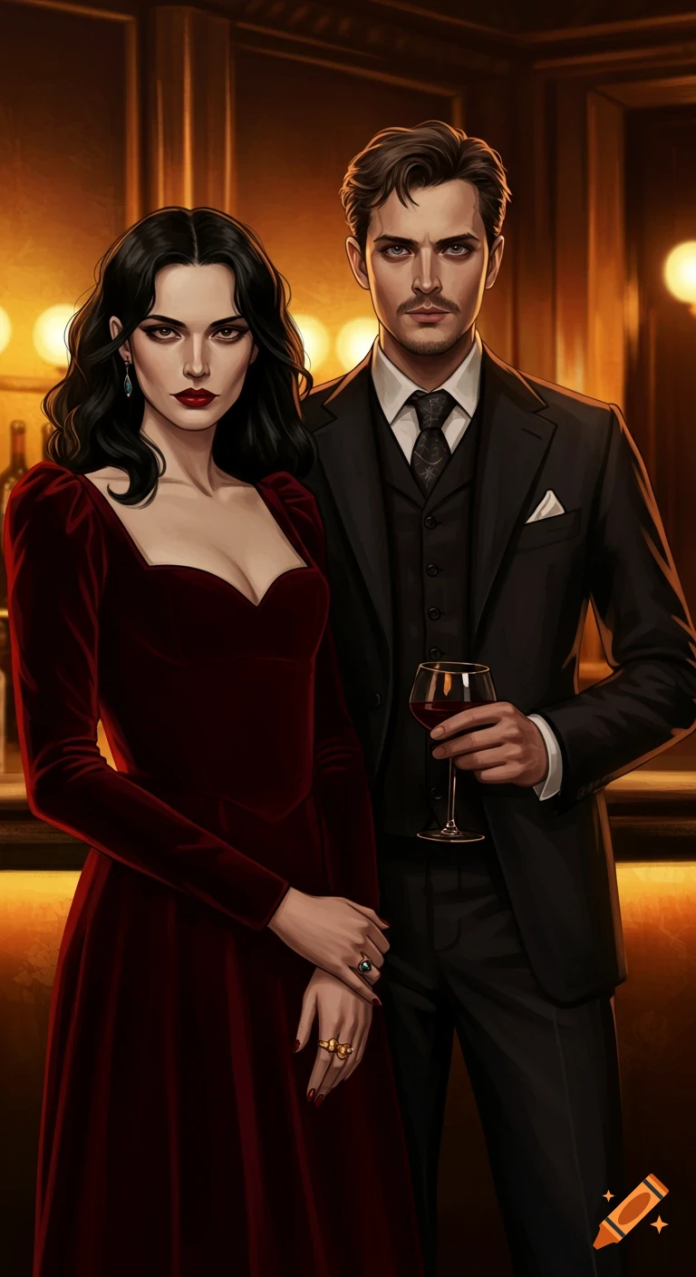 A man and woman in formal wear stand together in a bar, the man holding a glass of red wine.