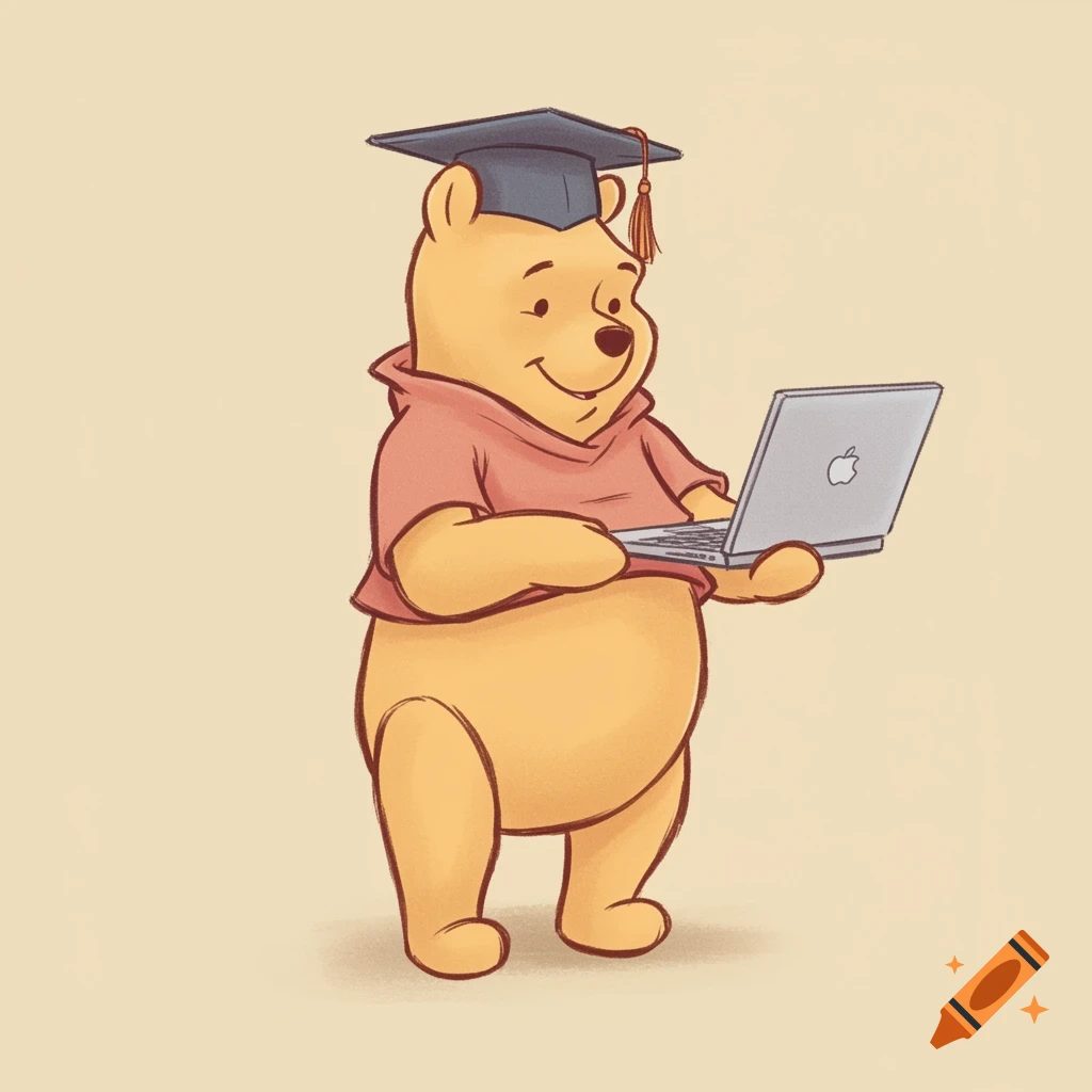 Illustration of Winnie the Pooh wearing a graduation cap and gown, holding a laptop