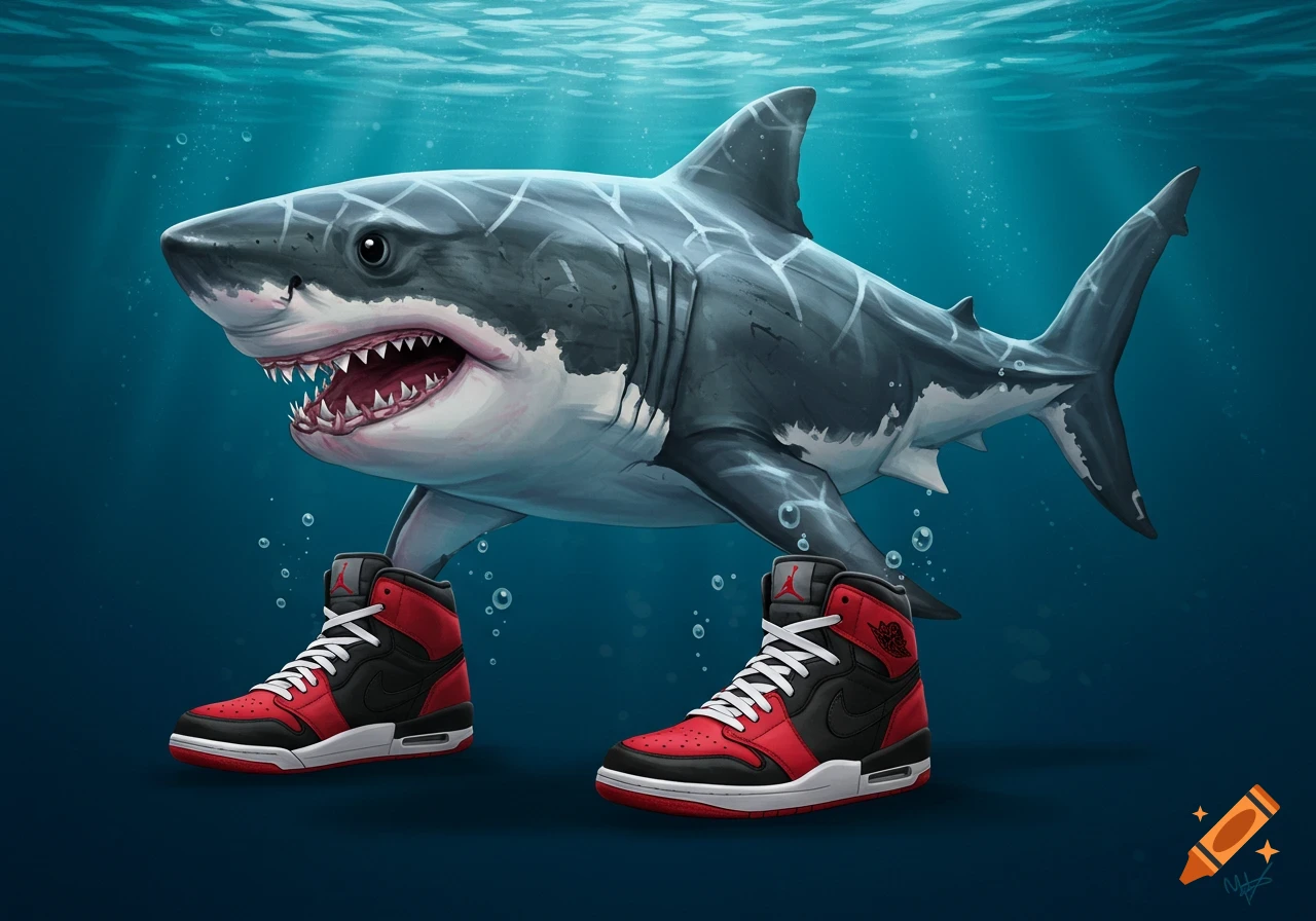 Illustration of a shark wearing red and black sneakers underwater.