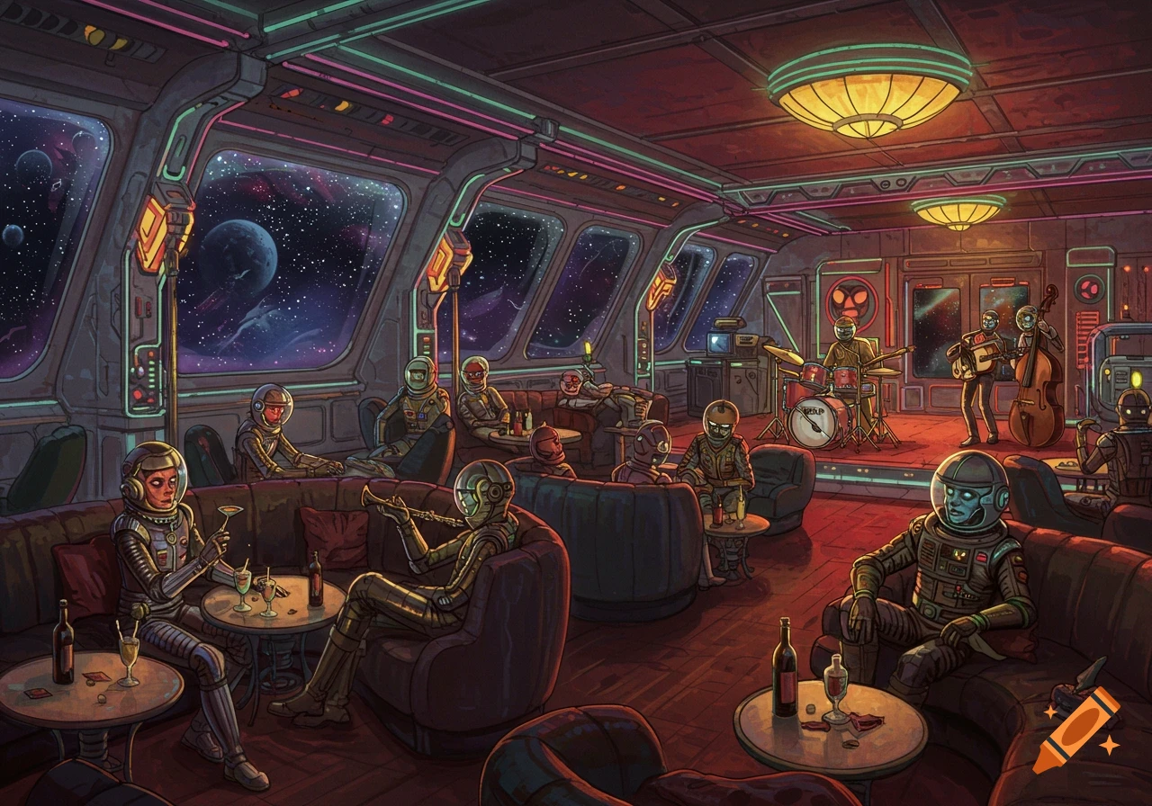 Space-suited figures in a futuristic jazz lounge with large space views, some playing instruments, others relaxing.