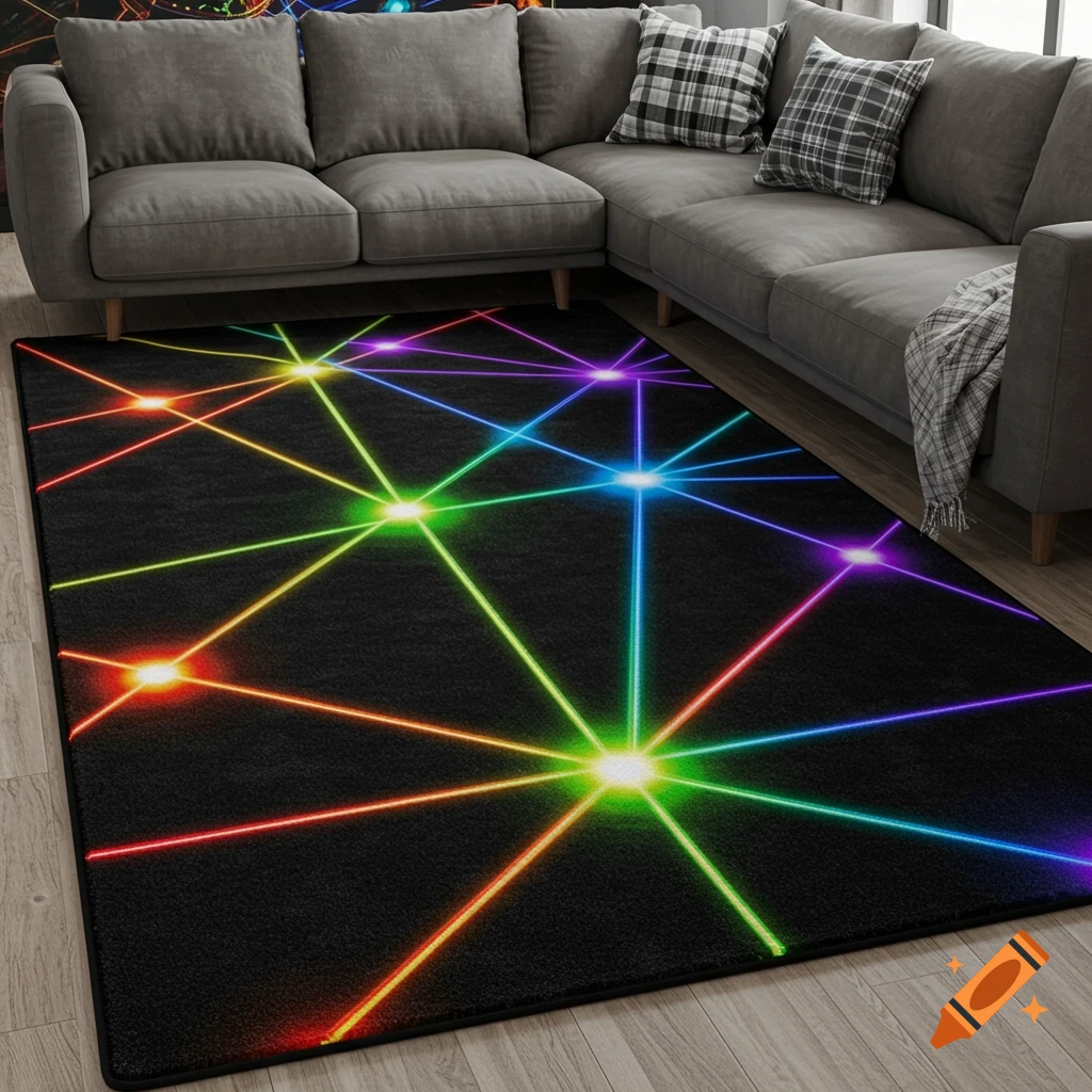 A black rug with a colorful abstract geometric pattern of bright lines resembling lasers in a living room.