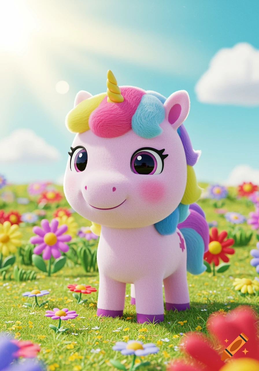 A cute cartoon unicorn with rainbow mane stands in a field of colorful flowers under a sunny sky.
