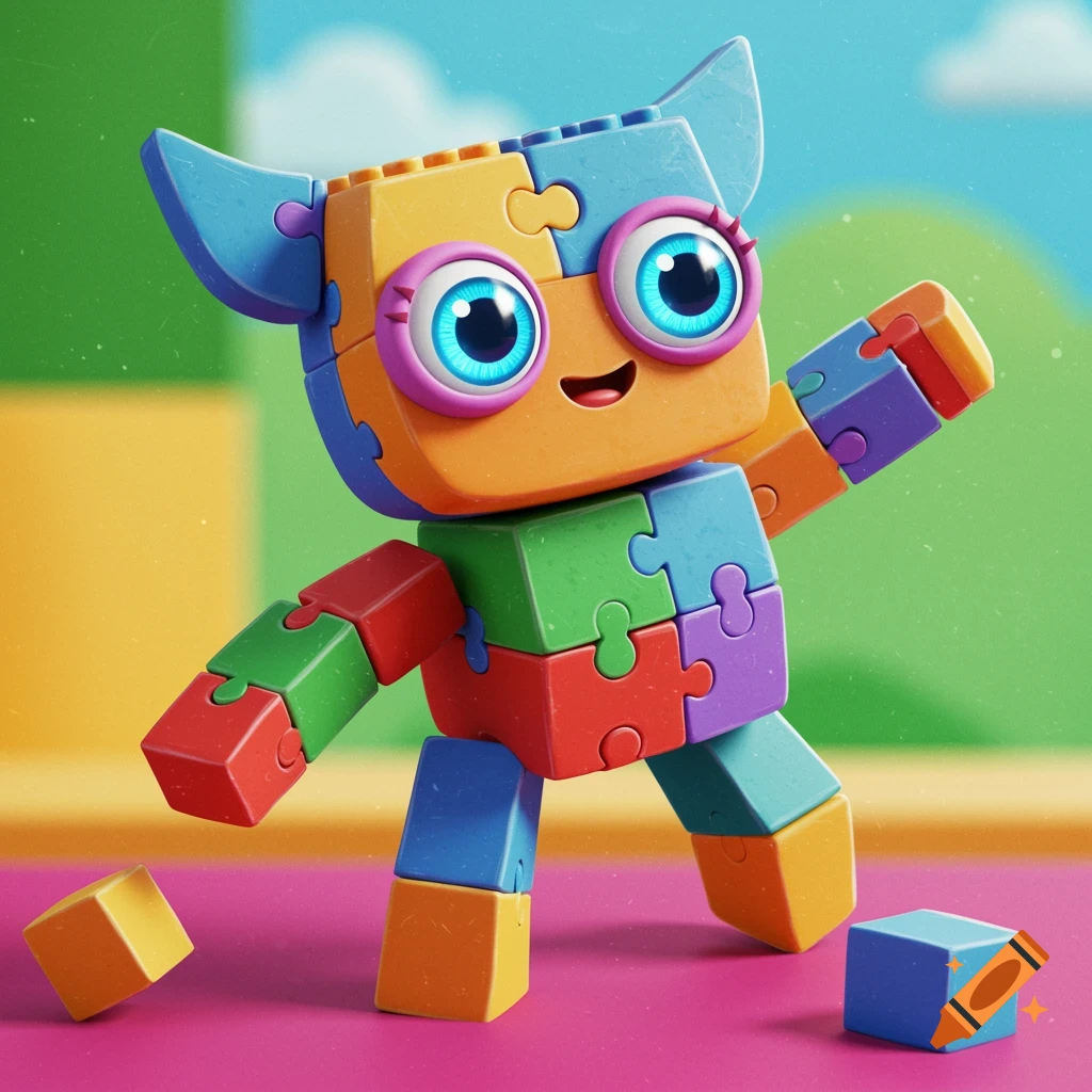 Colorful toy character made of puzzle pieces, standing with one arm raised, with toy blocks nearby.