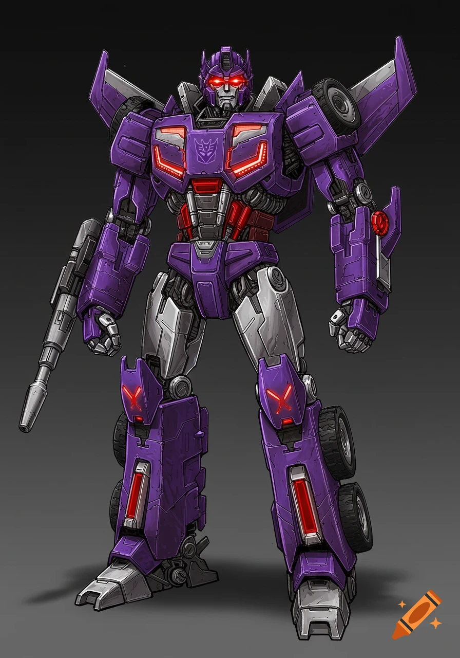 Purple and silver robot with glowing red eyes in a comic book style.