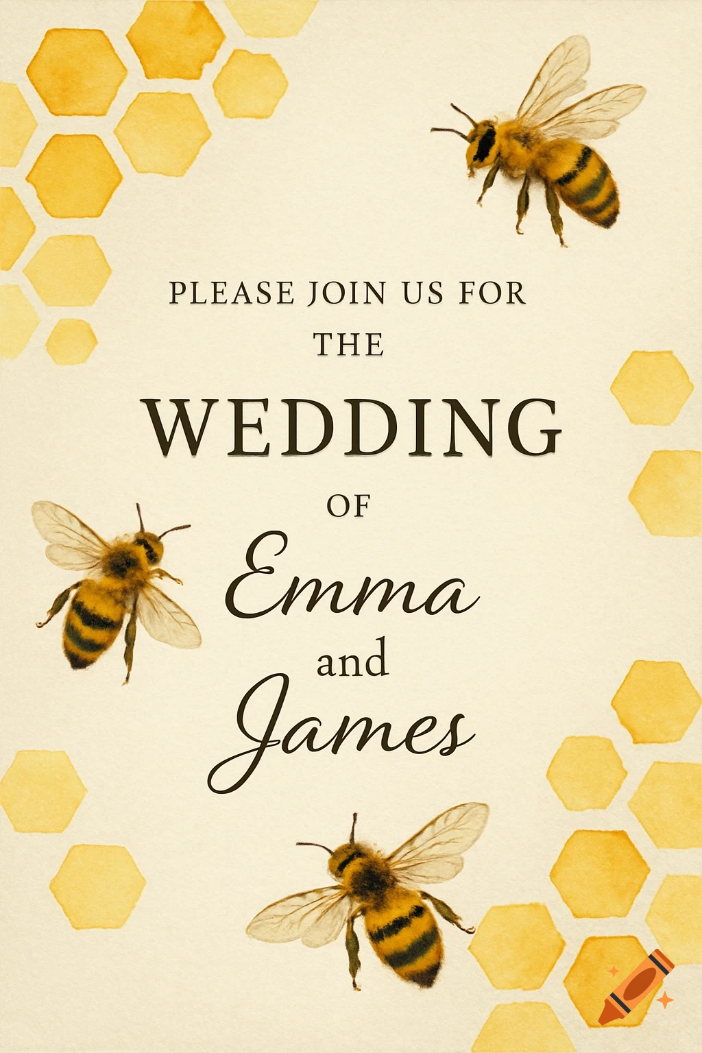 Wedding invitation with bees and watercolor hexagons