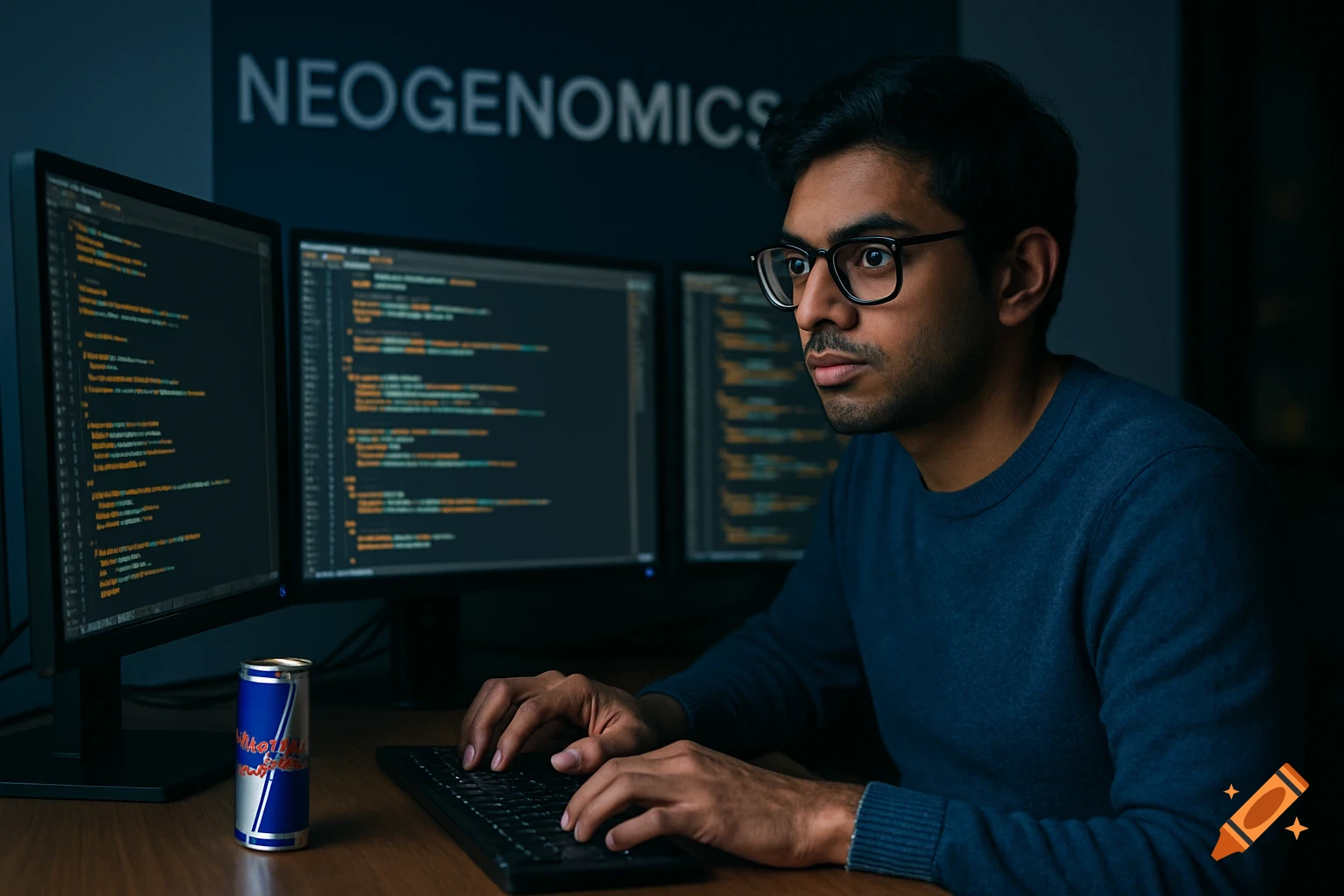 A programmer works at a desk with three monitors and a Red Bull can at night.